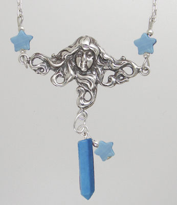 Sterling Silver Woman Maiden of the Morning Star Necklace With Turquoise And Dark Blue MOP Stars